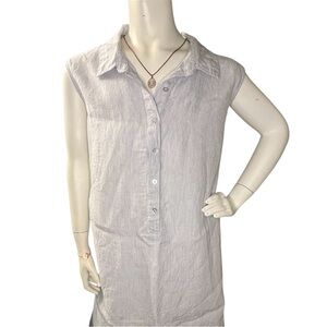 Tahari Light Gray Blue Striped Linen Plus Size Sleeveless Shirt Dress lagenlook